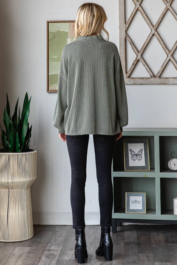 Solid Rib Button Balloon Sleeve Cardigan