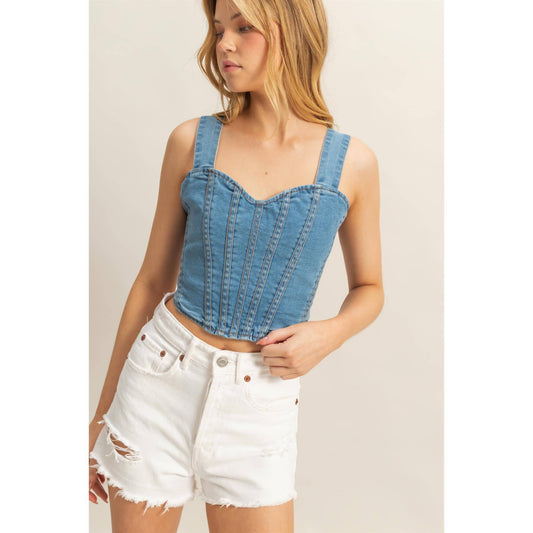 Washed Denim Sleeveless Bustier Top