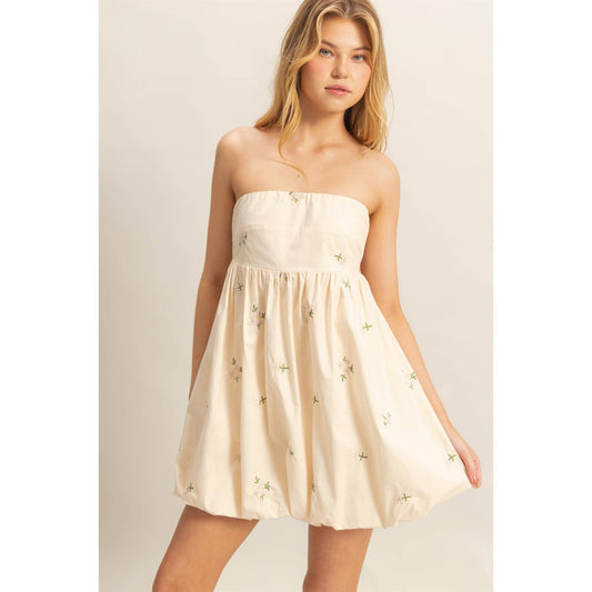 Embroidery Strapless Bubble Hem Dress