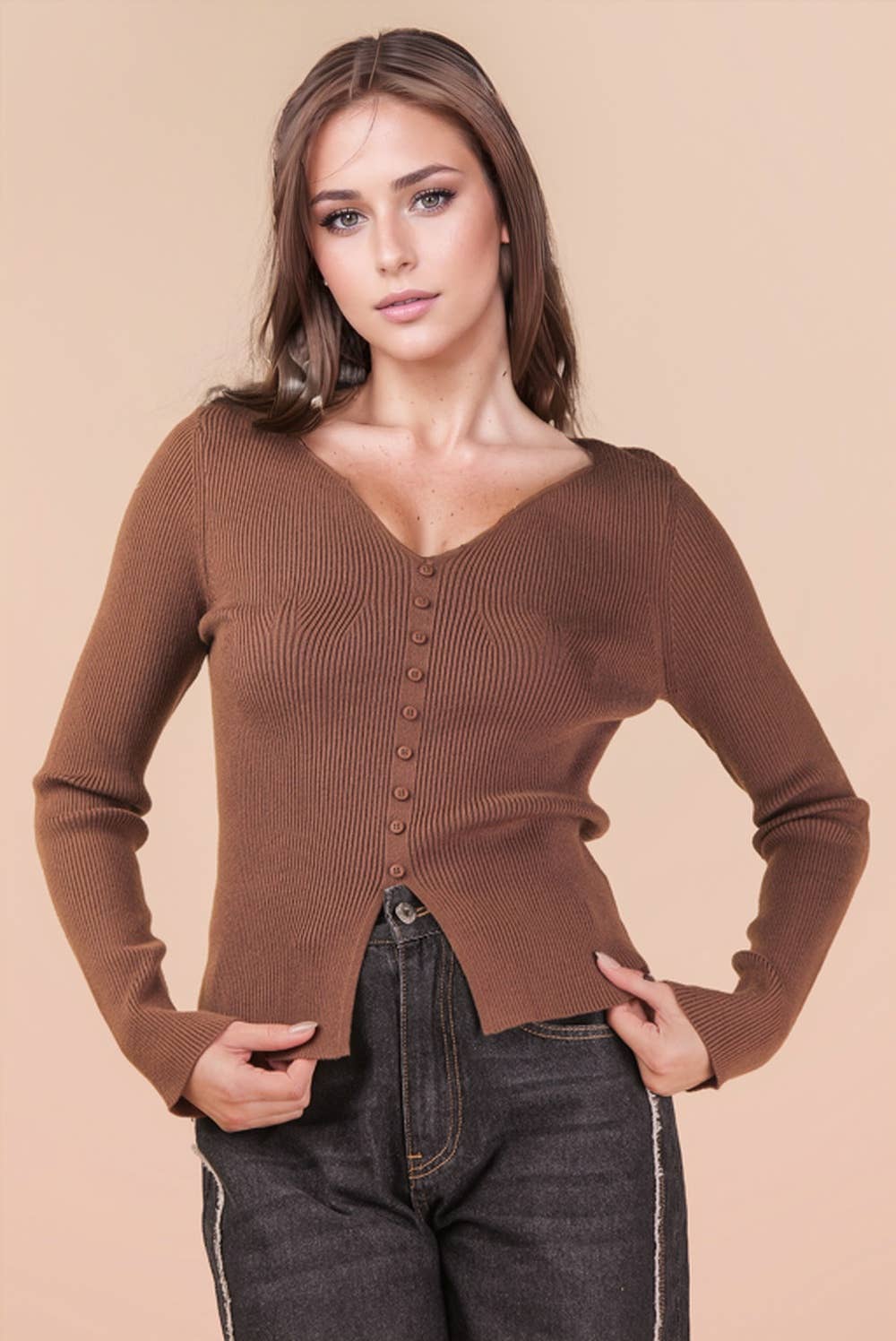 Button Down Fitted Knit Sweater Top