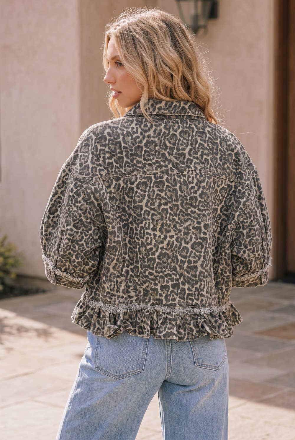 Leopard Print Frayed Ruffle Hem Shirt Jacket