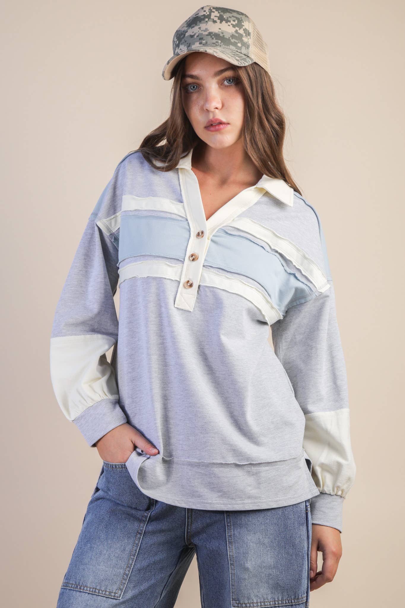 Color Block Oversized Collared Casual Knit Top