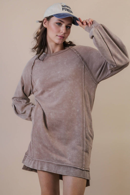 Mineral Washed Raglan Sleeve Casual Mini Dress