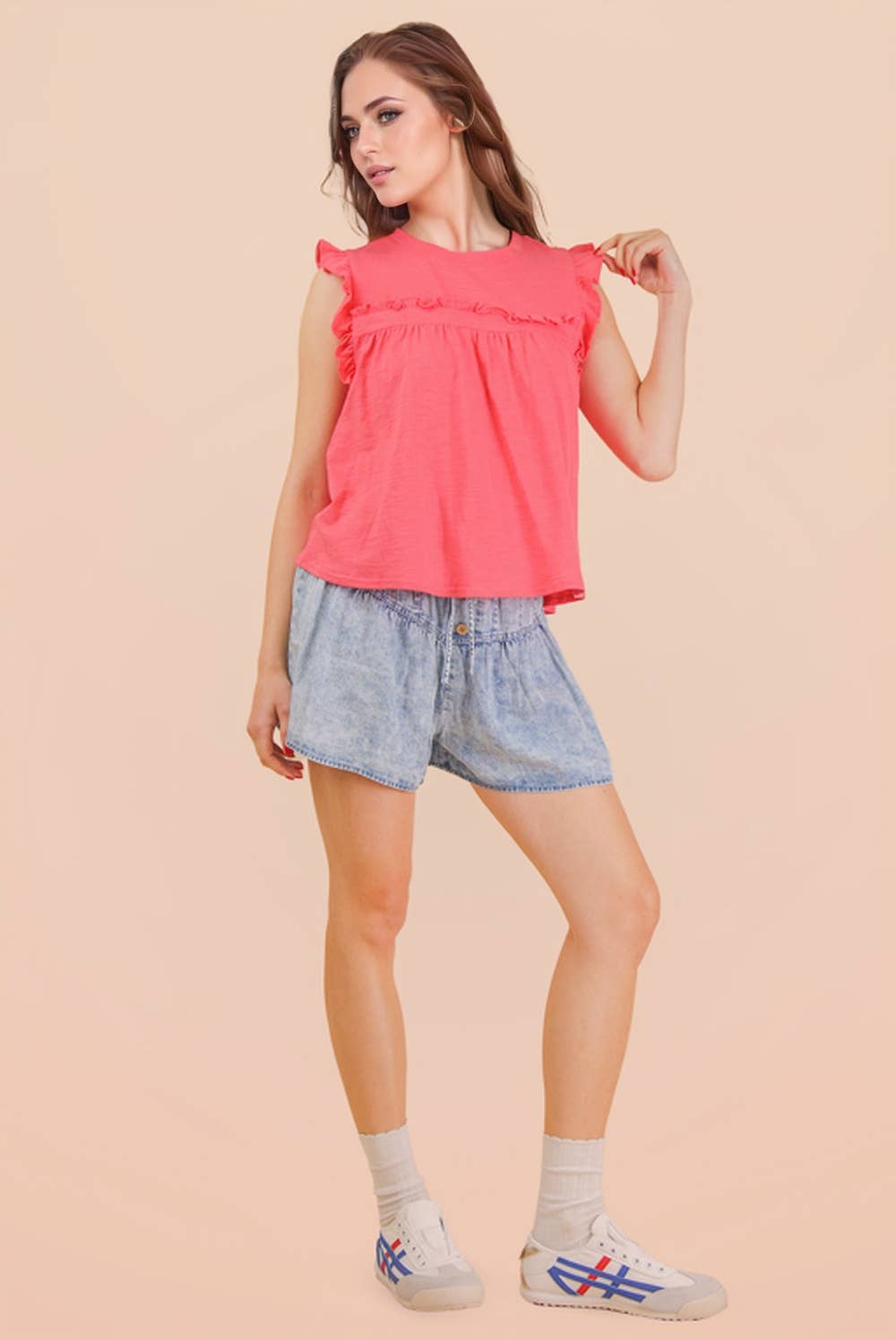 Chambray Button Down Flare Shorts