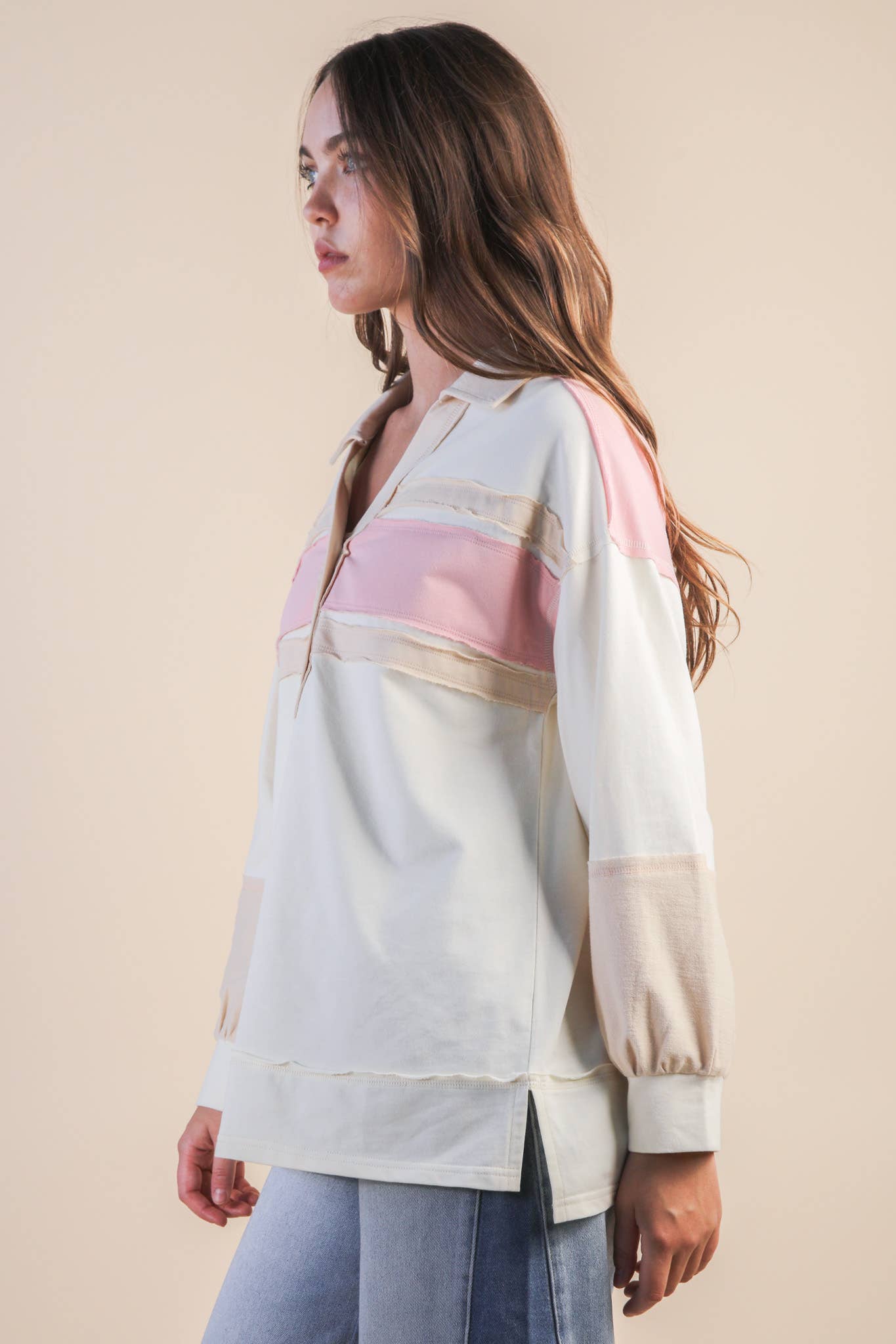 Color Block Oversized Collared Casual Knit Top