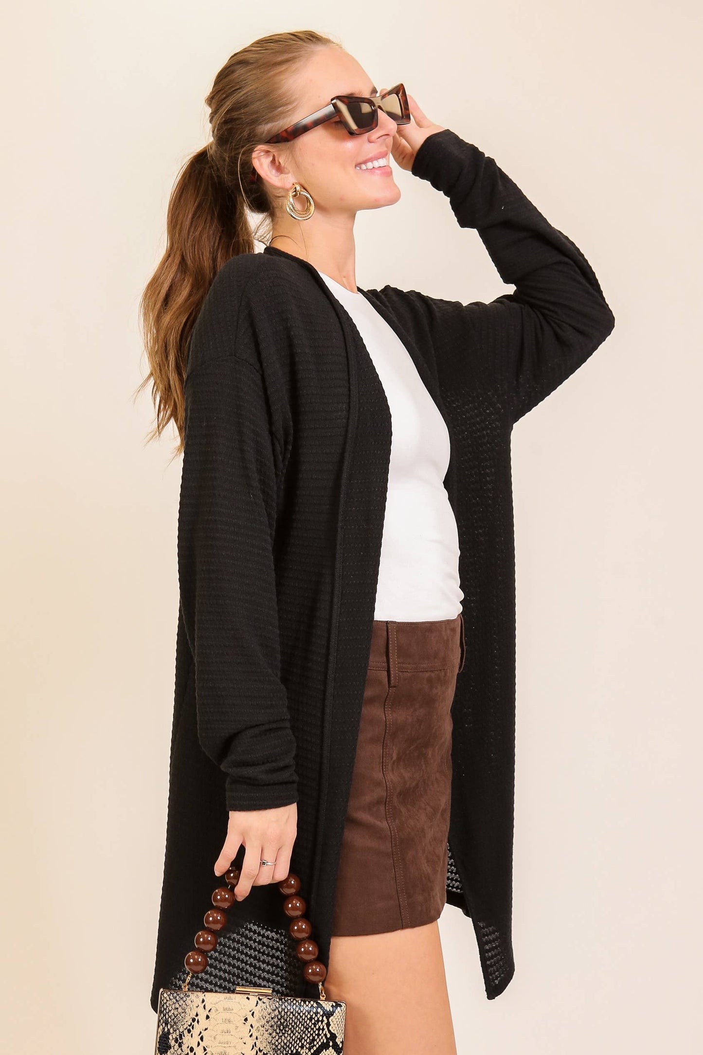 Open-Front Waffle Knit Cardigan