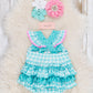 Gingham Embroidered Flamingo Party Ruffle Bubble Romper