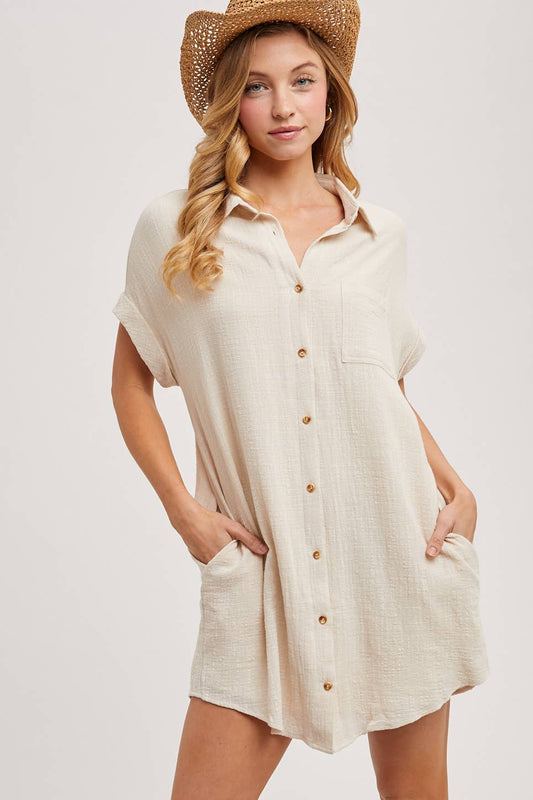 BUTTON UP SHIRT DRESS WITH POCKET
