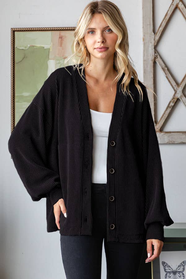 Solid Rib Button Balloon Sleeve Cardigan