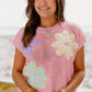 Pink Multi Crochet Flower Knit Short Sleeve Sweater Top
