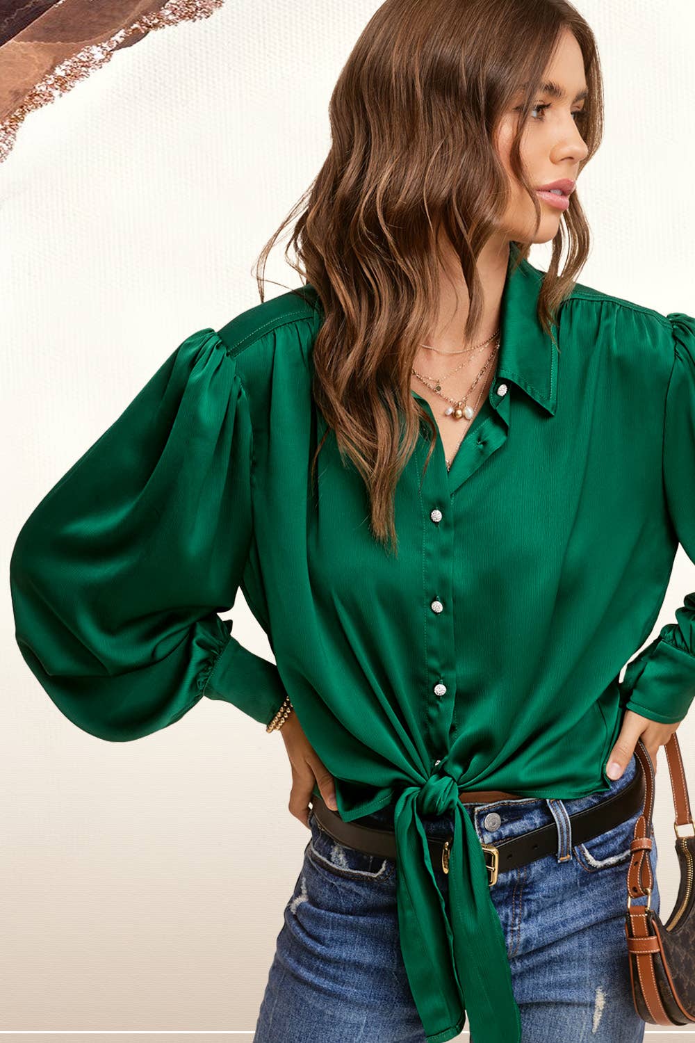 Flowy Button Down Balloon Sleeve Tie-Front Shirt