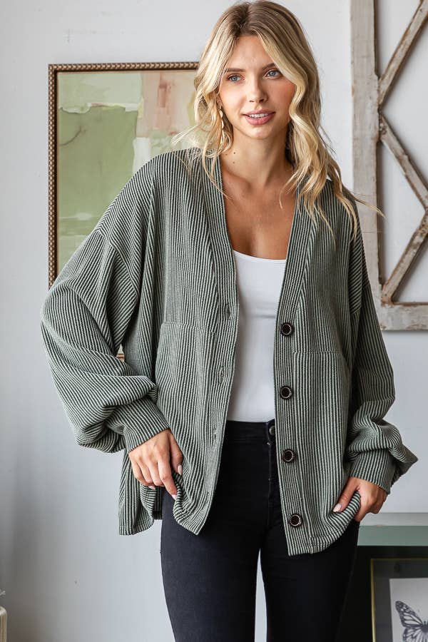Solid Rib Button Balloon Sleeve Cardigan