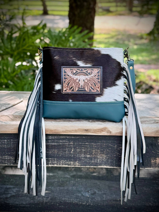 Tooled Leather Cowhide Fringe Crossbody Handbag Western