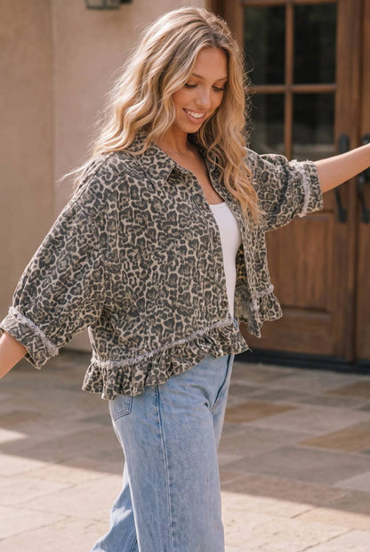 Leopard Print Frayed Ruffle Hem Shirt Jacket