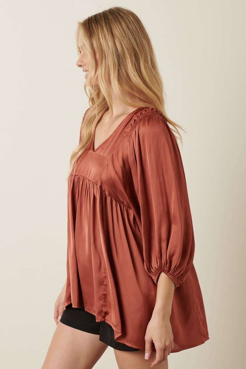 SATIN EMPIRE WAIST PUFF SLEEVE BLOUSE