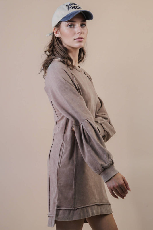 Mineral Washed Raglan Sleeve Casual Mini Dress
