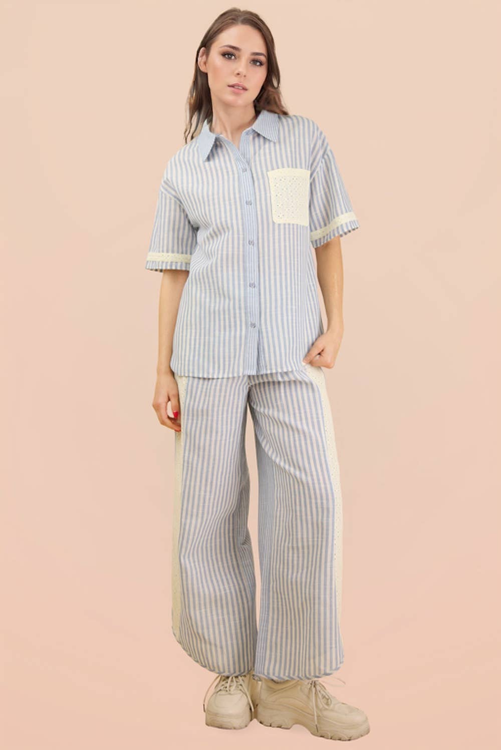 Lace Contrast Stripe Wide Leg Pants