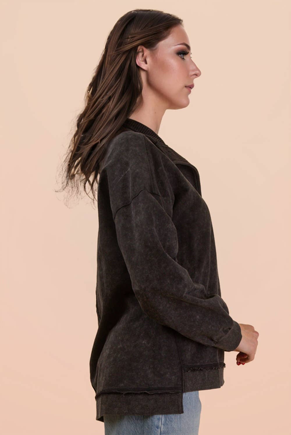 Mock Neck Mineral Washed Knit Causal Top