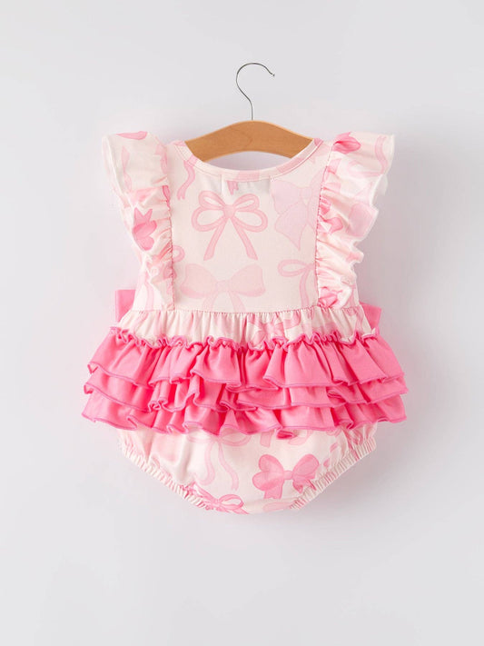 Girls Pink Bow Print Short Sleeves Romper