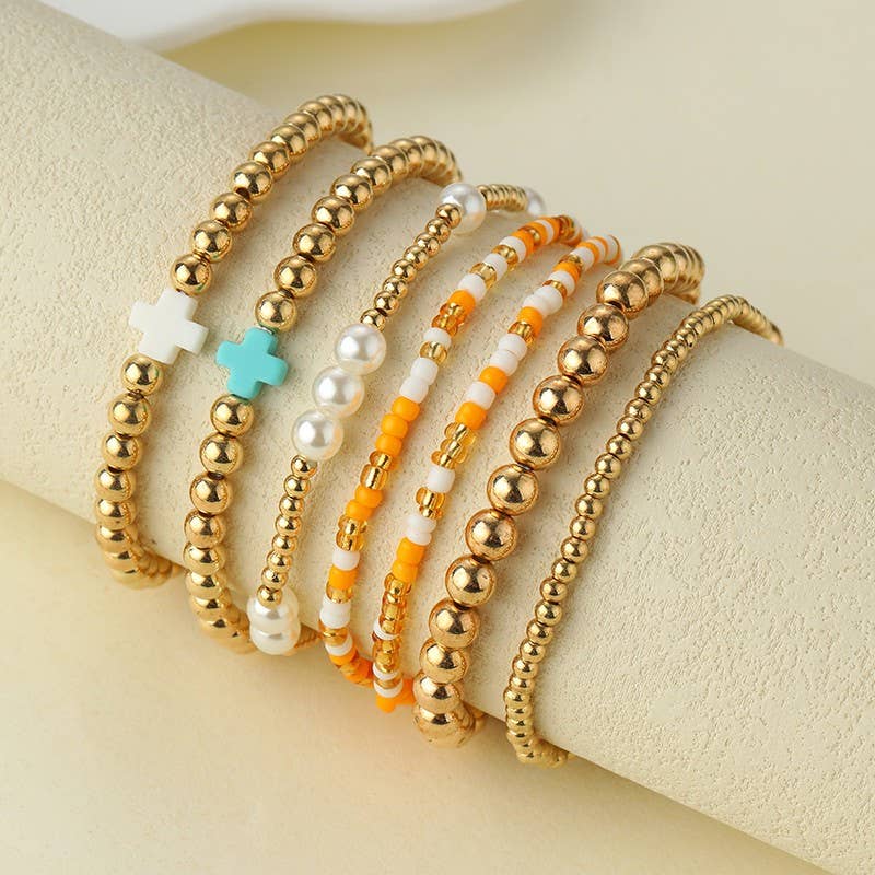 MULTI BALL PEARL BEAD CROSS STRETCHABLE BRACELET