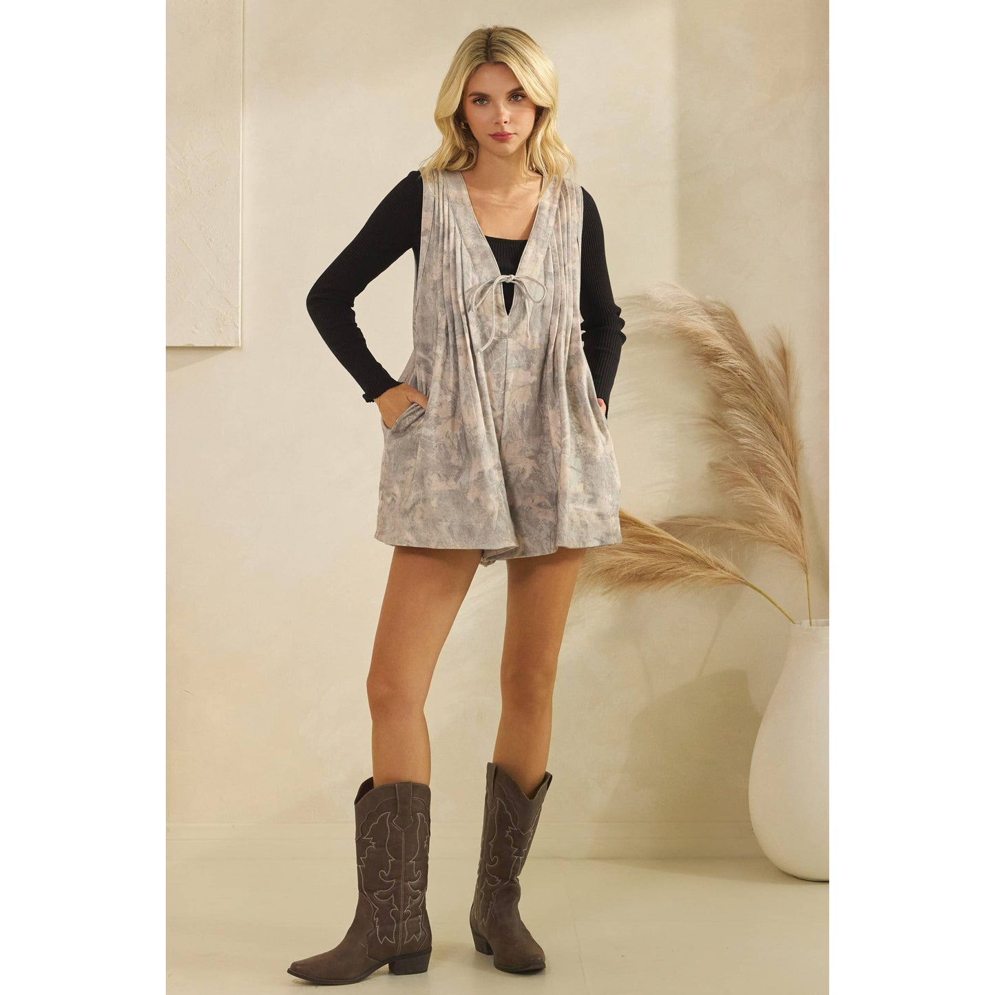 Printed French Terry Sleeveless V Neck Romper