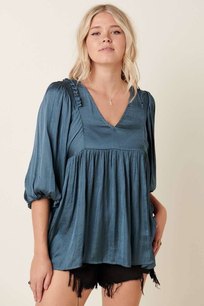 SATIN EMPIRE WAIST PUFF SLEEVE BLOUSE