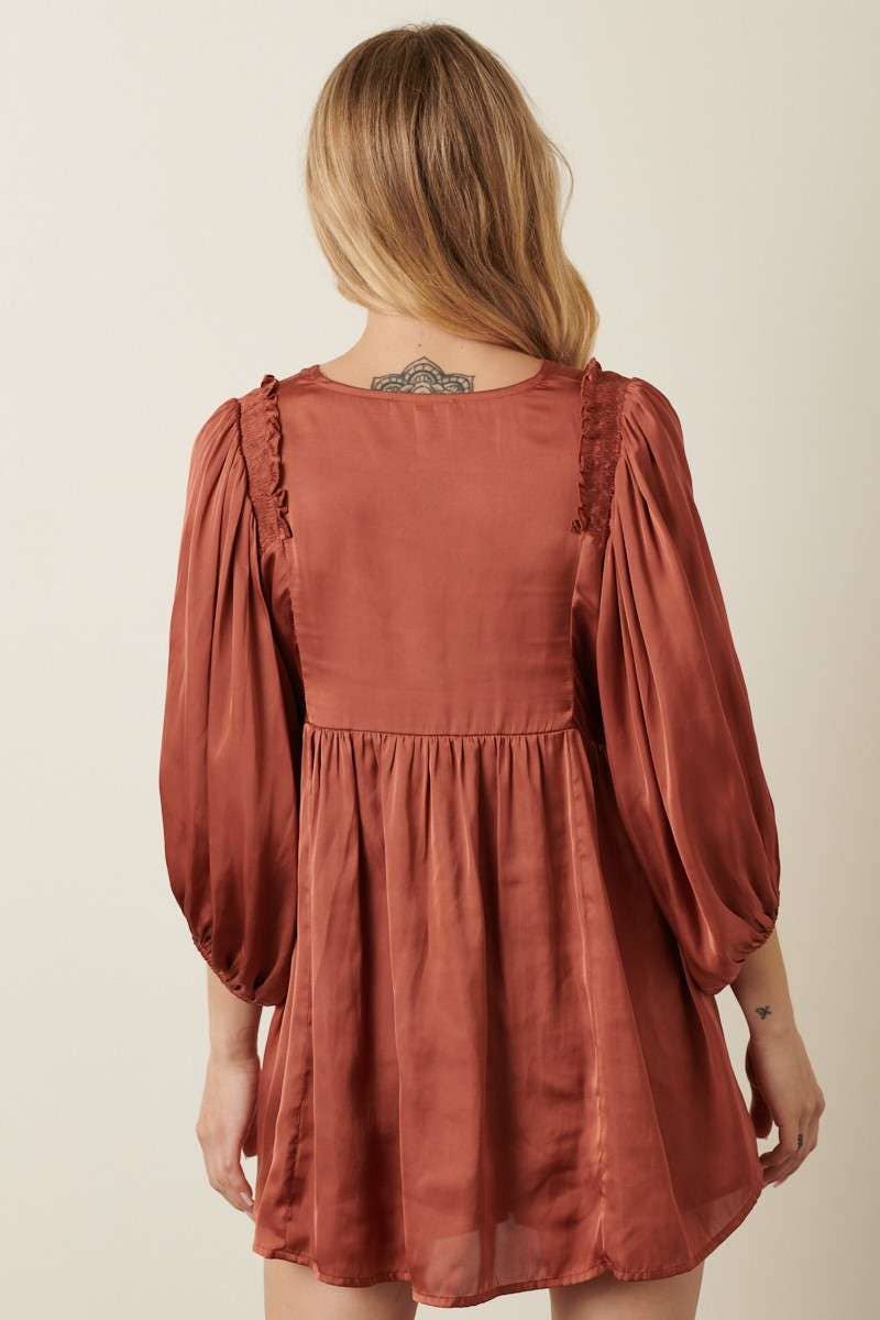 SATIN EMPIRE WAIST PUFF SLEEVE BLOUSE