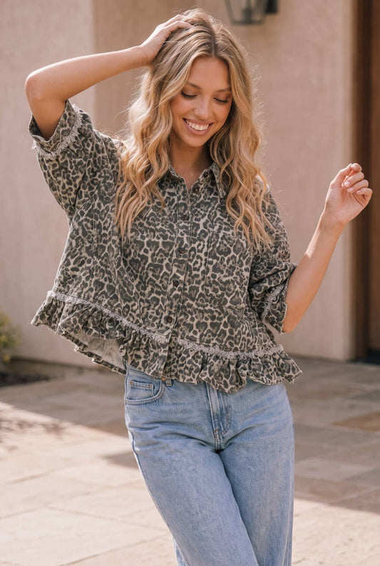 Leopard Print Frayed Ruffle Hem Shirt Jacket