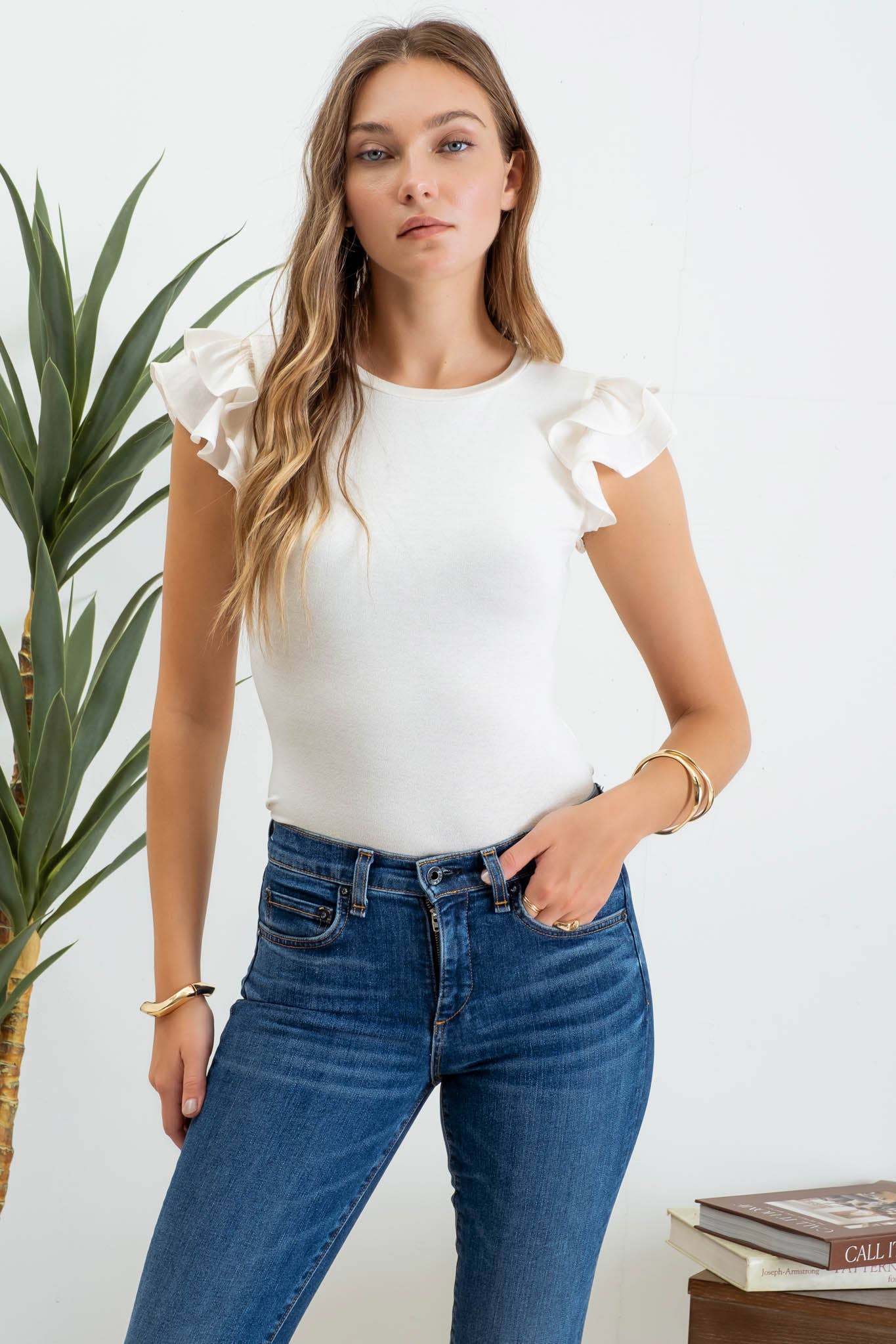 Solid Ruffle Flutter Sleeve Knit Top