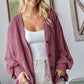 Solid Rib Button Balloon Sleeve Cardigan