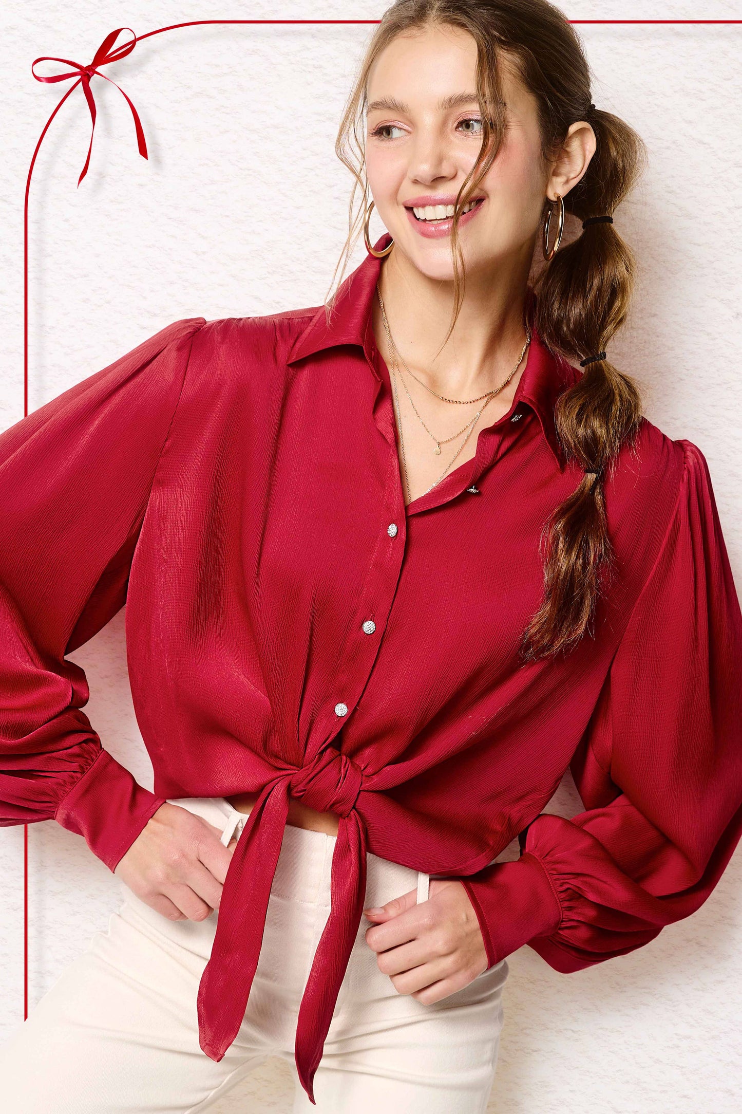 Flowy Button Down Balloon Sleeve Tie-Front Shirt