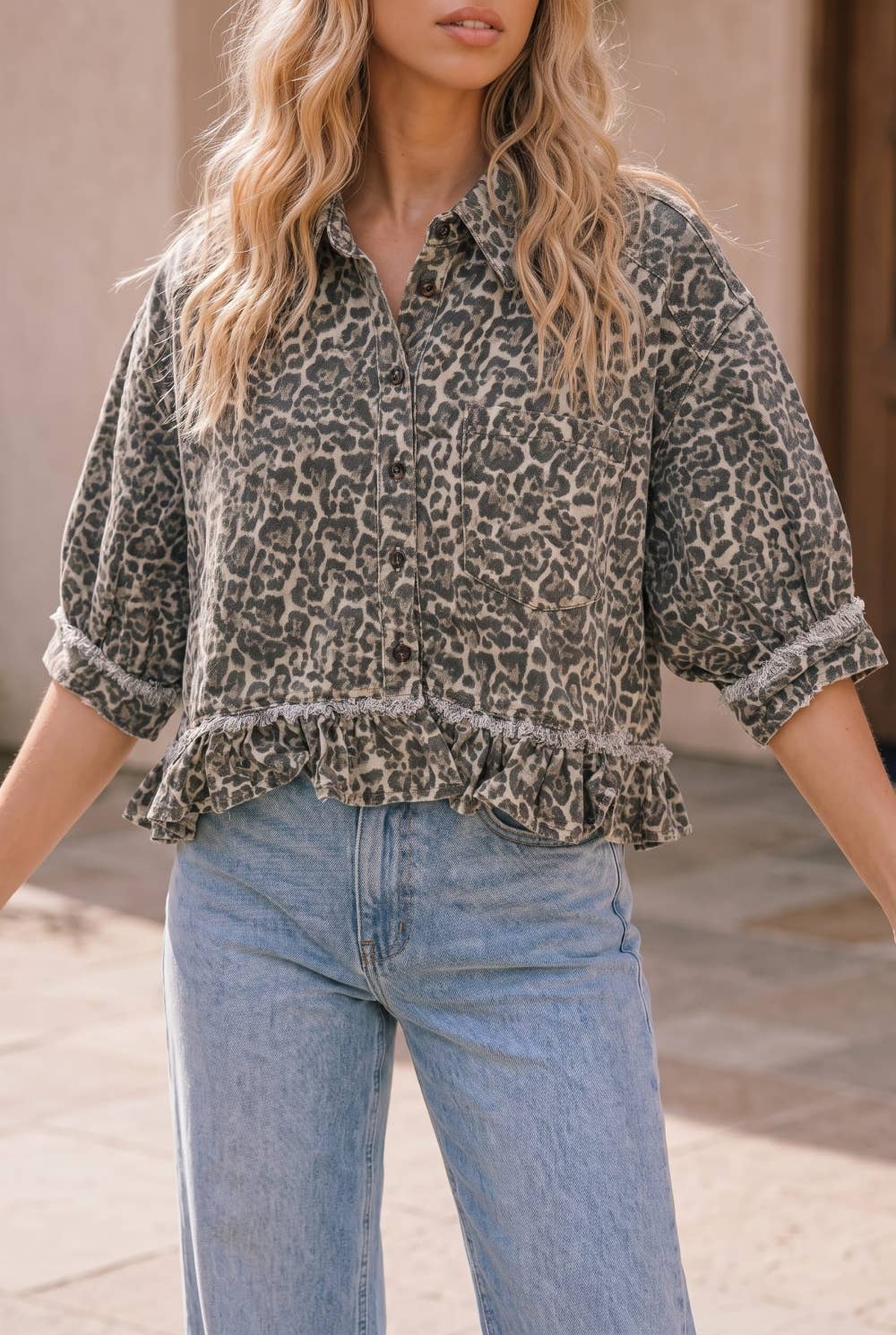 Leopard Print Frayed Ruffle Hem Shirt Jacket