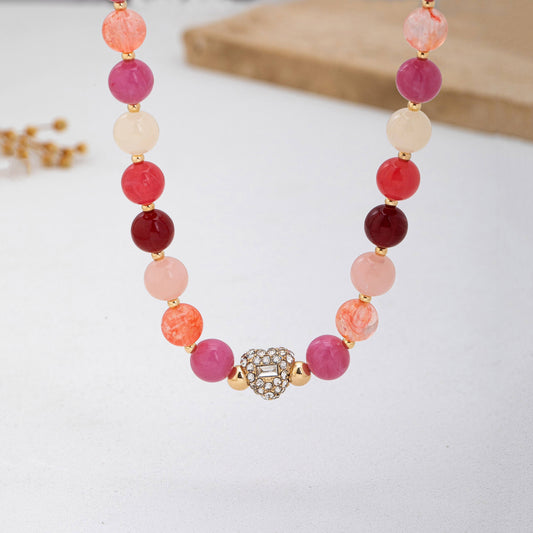 Rose & Berry Beaded  Heart Crystal Ball Necklace
