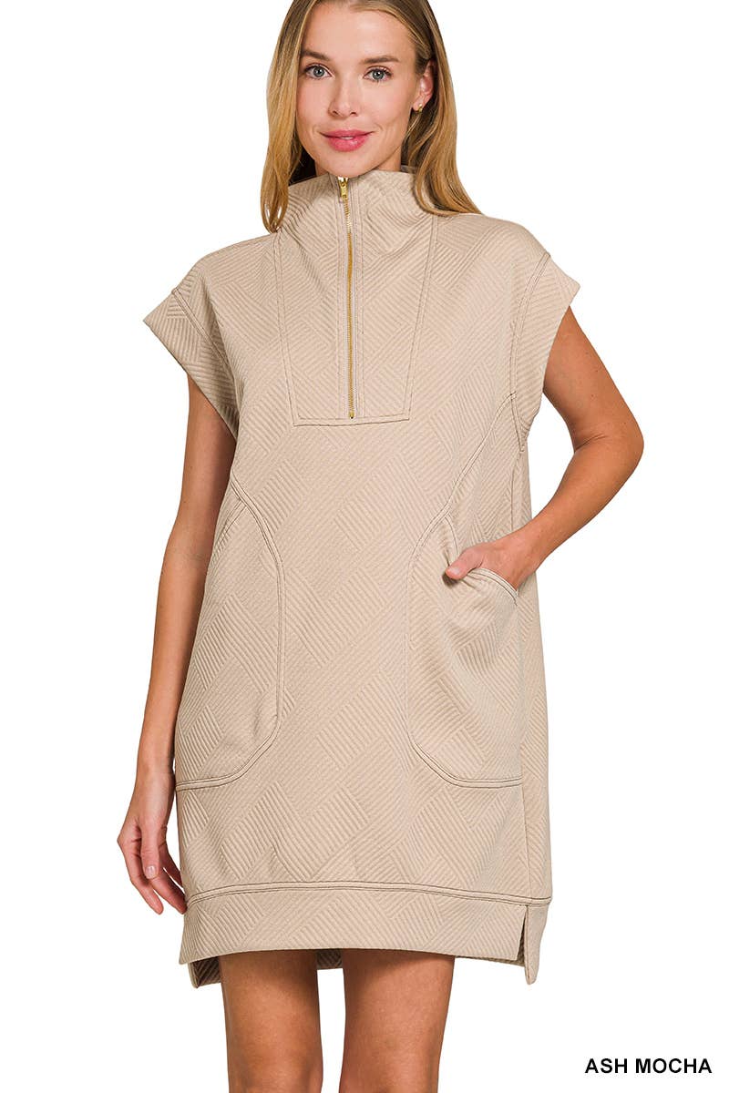 Knit Jacquard Quarter Zipper Mini Dress