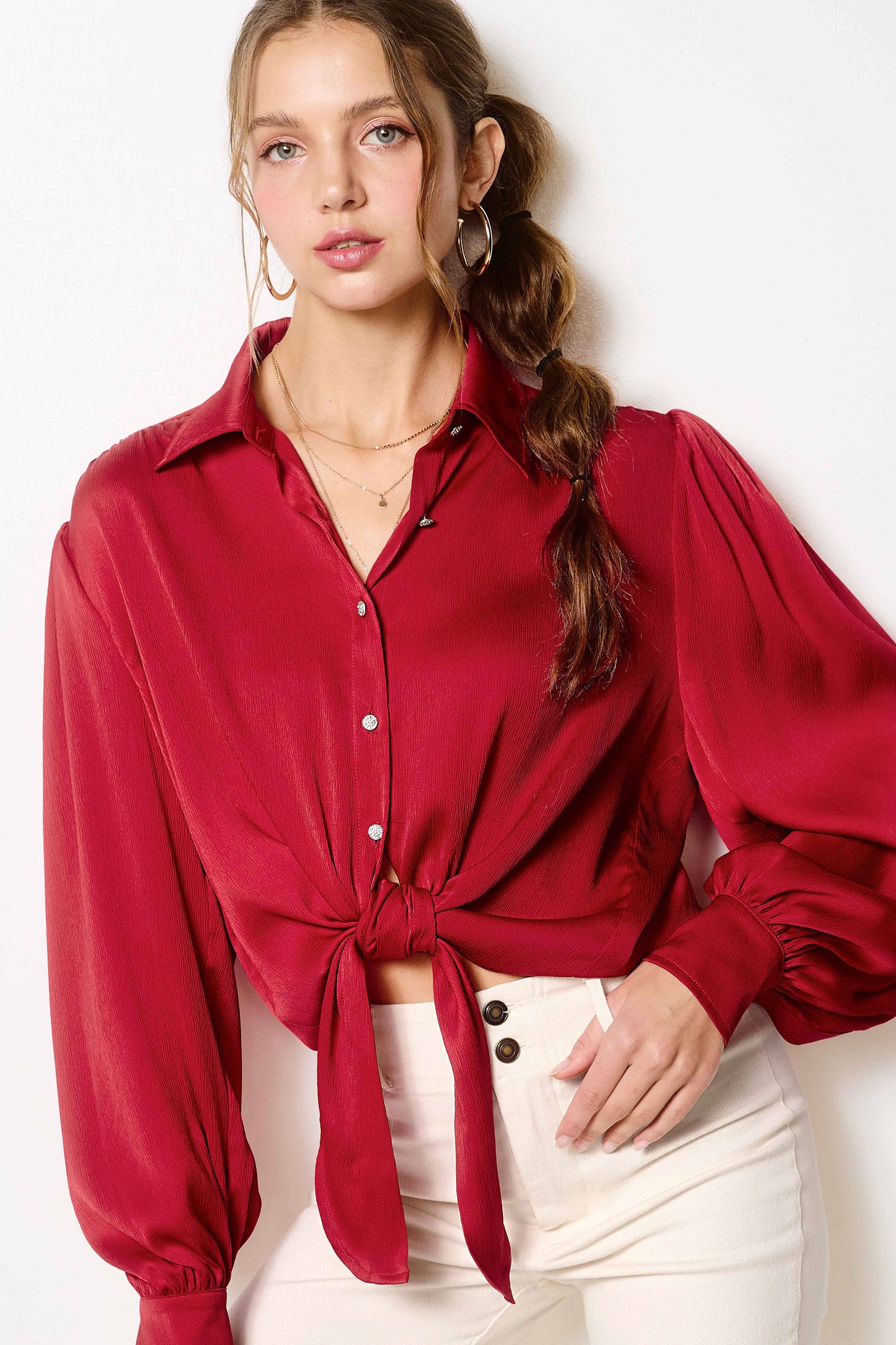 Flowy Button Down Balloon Sleeve Tie-Front Shirt