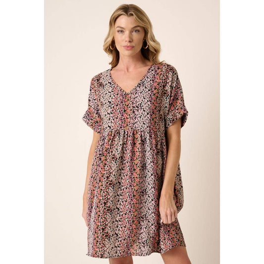 FLOWER PRINT V NECK BABYDOLL MINI DRESS
