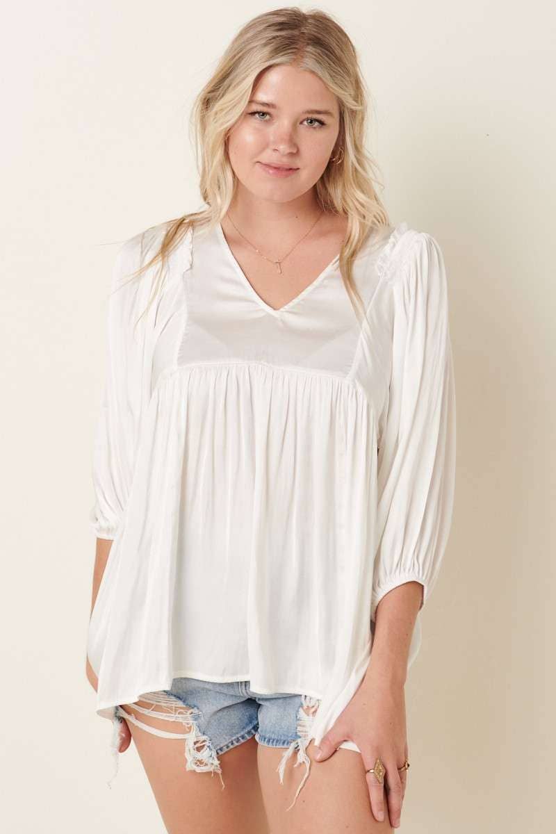 SATIN EMPIRE WAIST PUFF SLEEVE BLOUSE