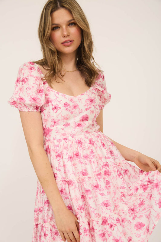 FLORAL OPEN BACK WITH TIE TIERED MINI DRESS