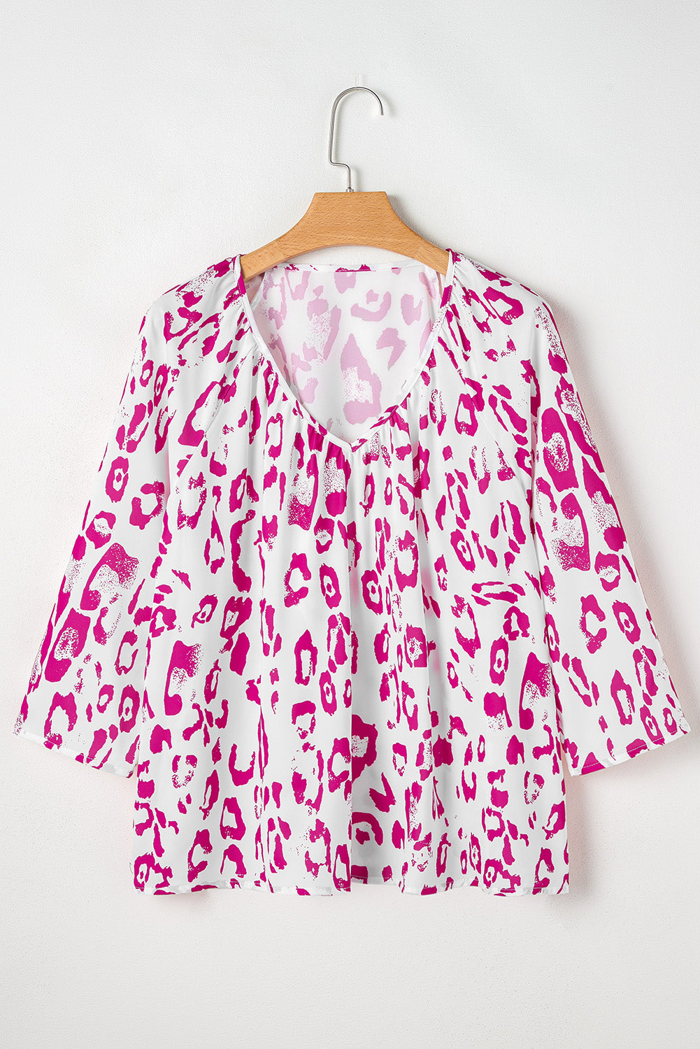 Khaki Leopard Print Ruched V Neck 3/4 Sleeve Top