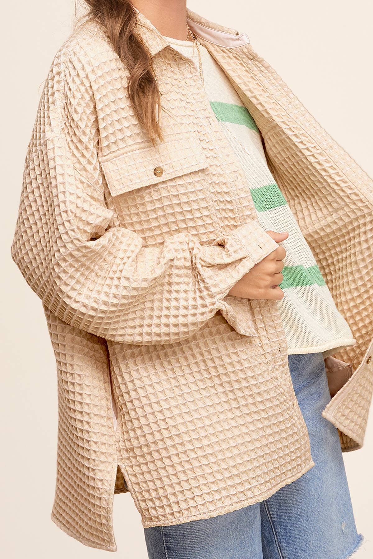 Waffle Textured Oversized Button Down Shacket