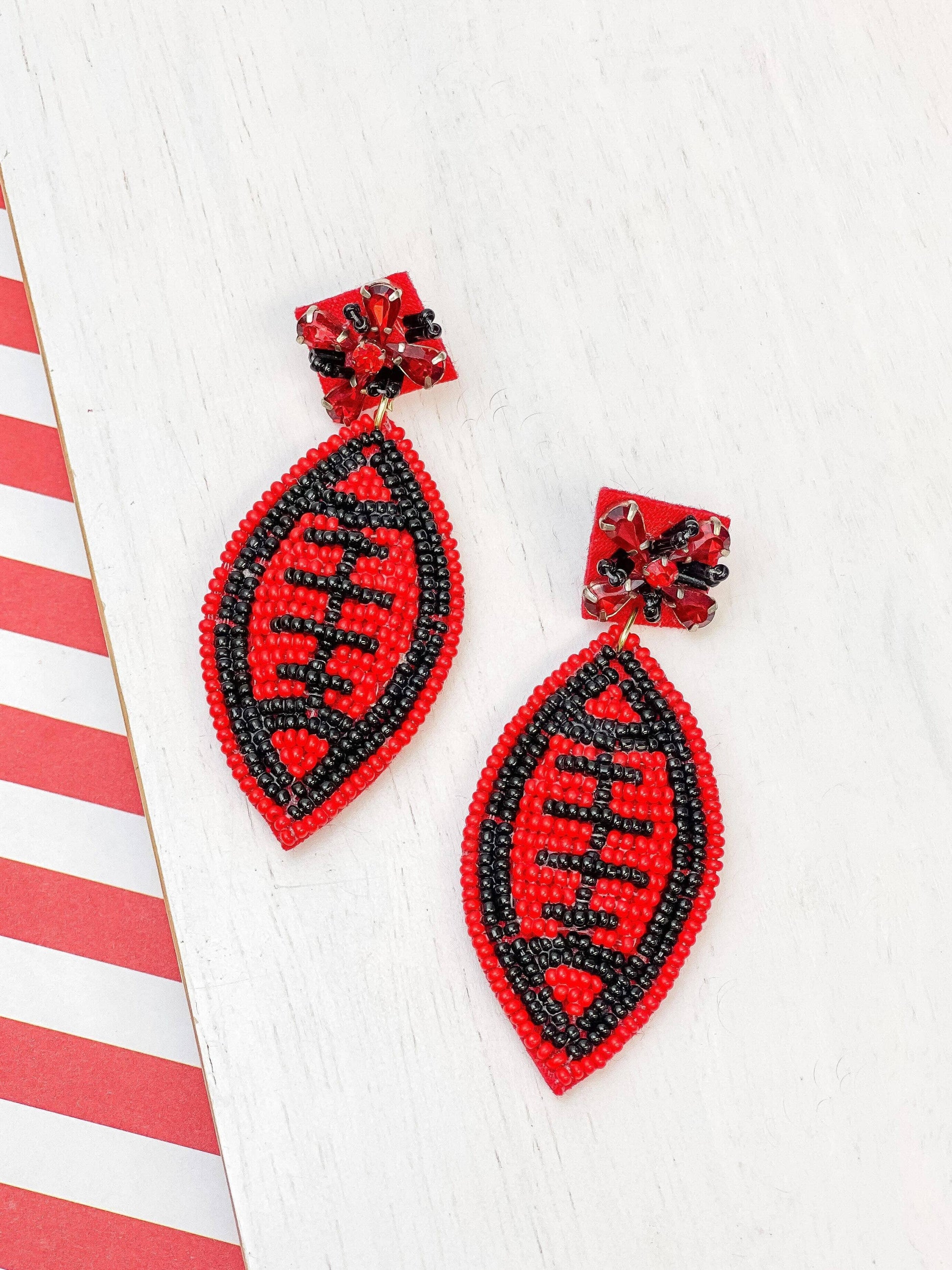 Glitzy Post Football Dangle Earrings - Red & Black - The Salty Mare
