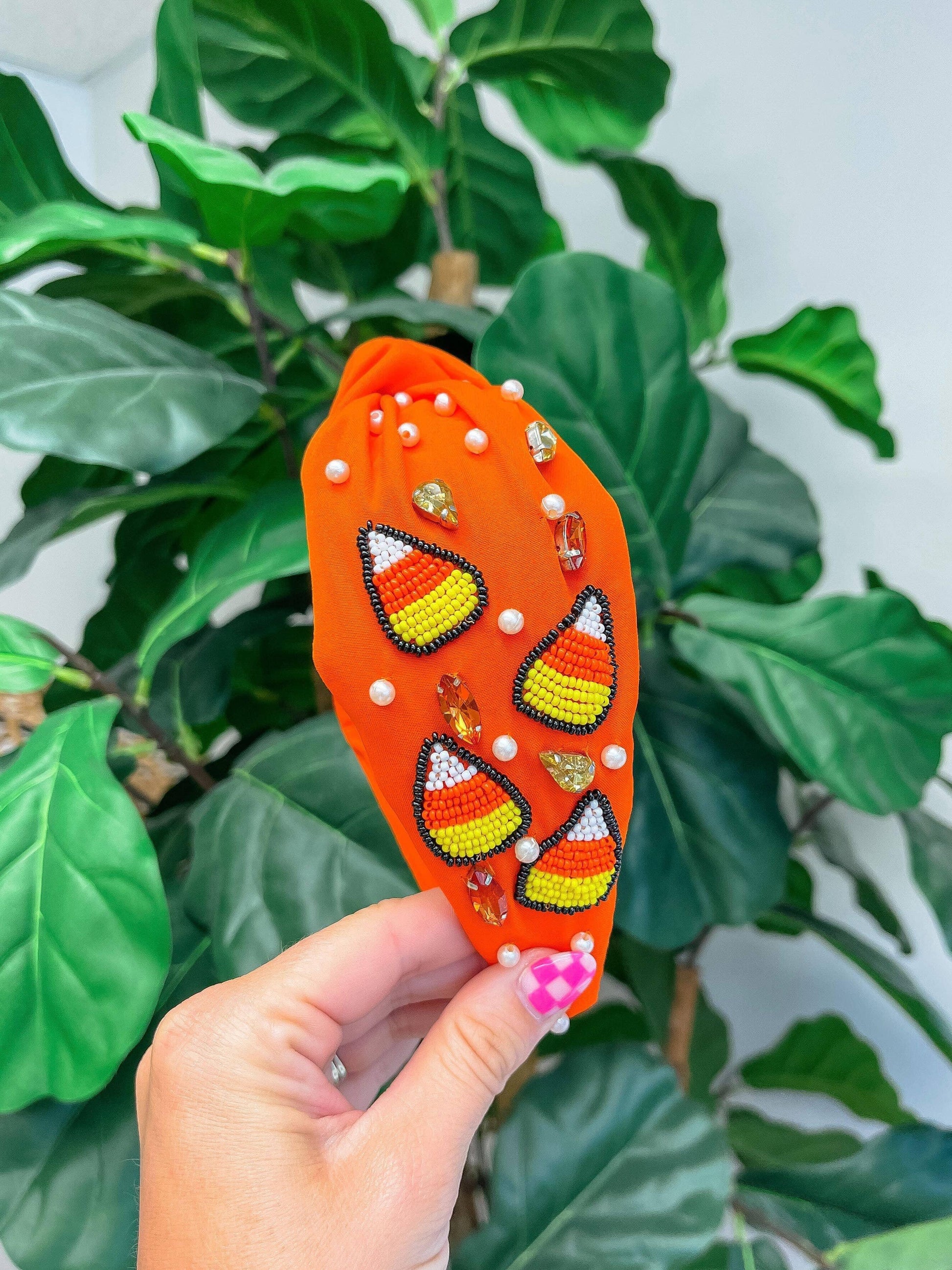Candy Corn & Rhinestone Top Knot Headband - Orange - The Salty Mare